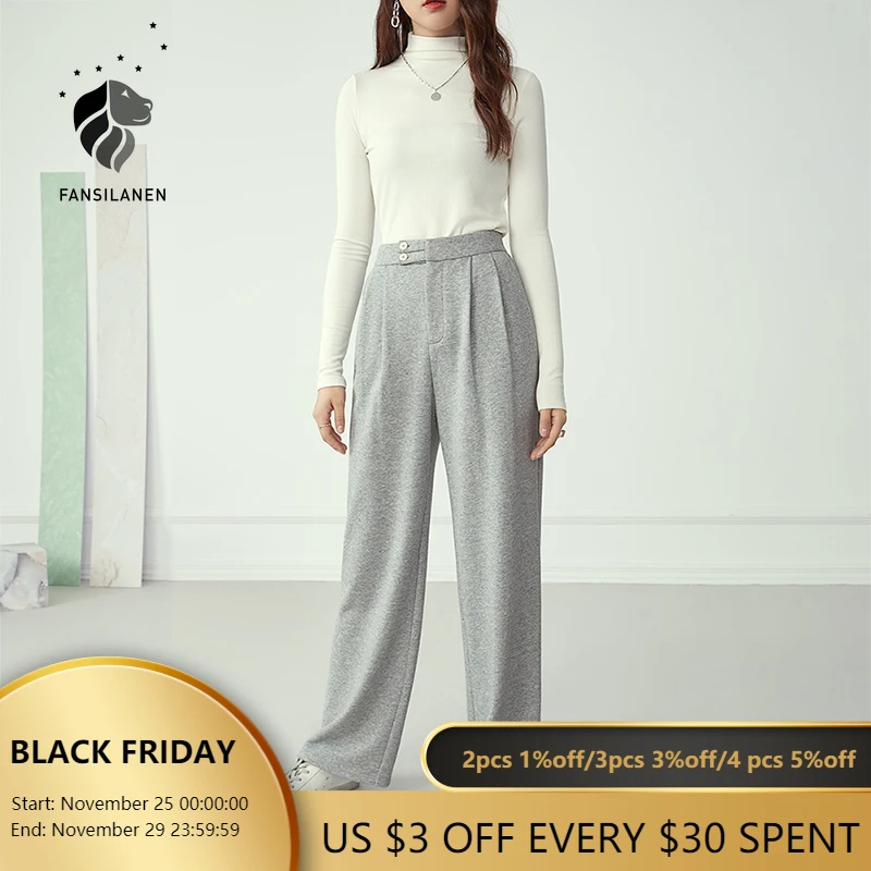 

FANSILANEN Gray Wide Leg High Waist Casual Pants Capri Women Autumn Winter Loose Trousers Cotton Female Streetwear Pants Bottom