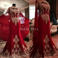 luxurious lace red arabic dubai india evening dresses sweetheart beaded mermaid chiffon prom dresses with a cloak formal party