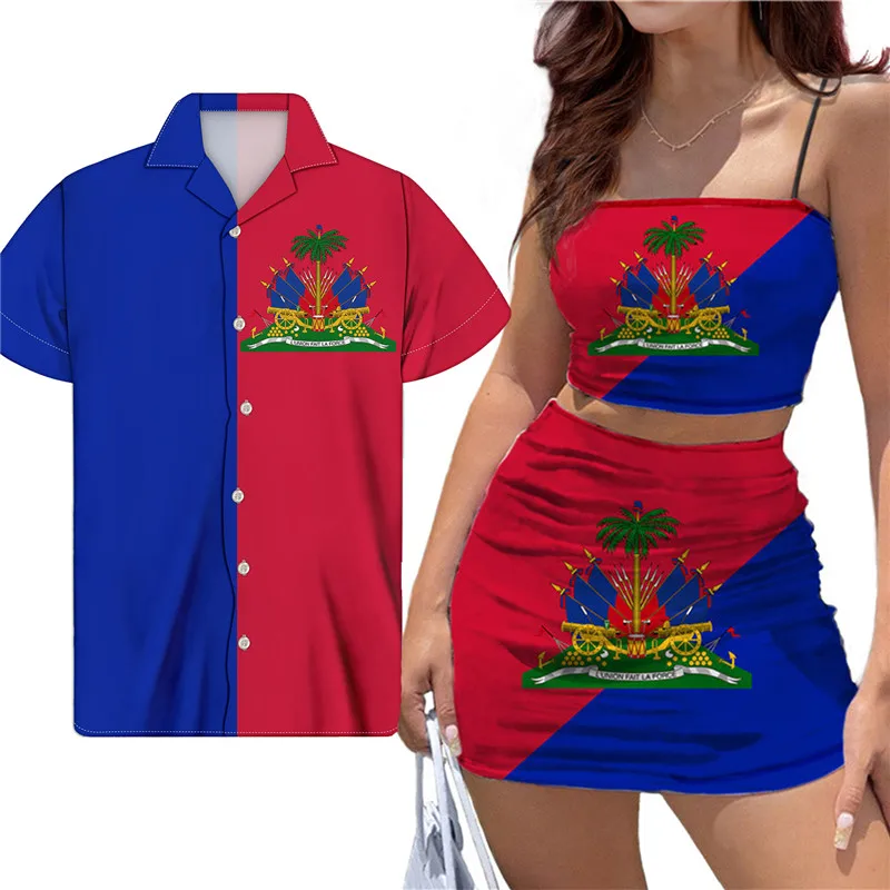 

Haiti Flag Printed Women Bodycon Short Dress Suit Red and Blue Couple Clothes Sexy Backless Tops Set Match Men Shirt For Party