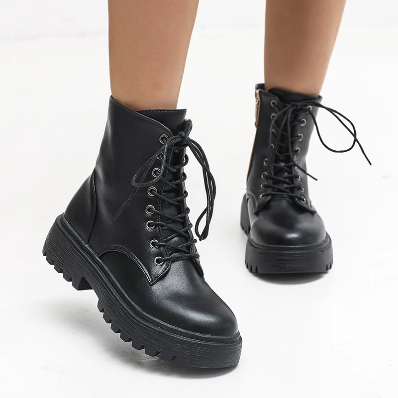 

Rimocy Women's PU Leather Ankle Boots 2021 Autumn Winter Warm Motorcycle Boots Ladies Shoes Fashion Black Platform Botas Mujer