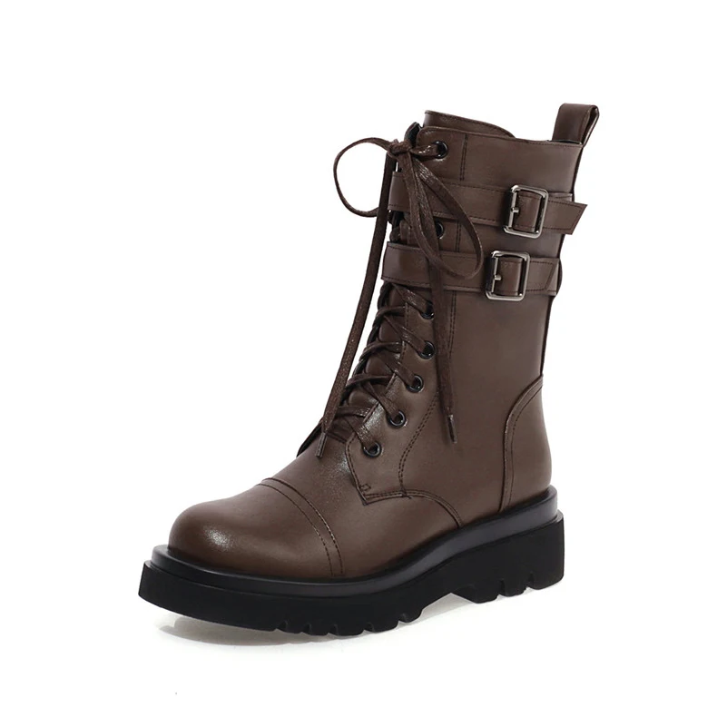 

ANNYMOLI High Heel Ankle Boots Woman Platform Thick Heel Motorcycle Boots Lace Up Short Boots Buckle Zip Ladies Shoes Brown 42