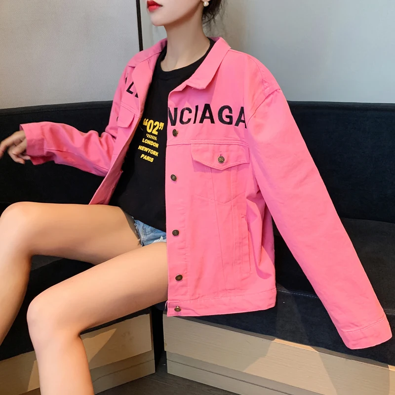 

Denim short jacket female 2021 spring and autumn bf wind jacket loose casual personality fashion letter embroidery top