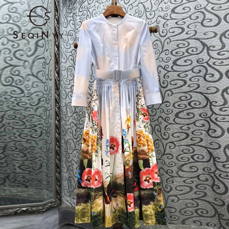 

SEQINYY 100% Cotton Dress Spring Autumn New Fashion Design Women Runway Red Flowers Painting Print High Quality Belt Midi