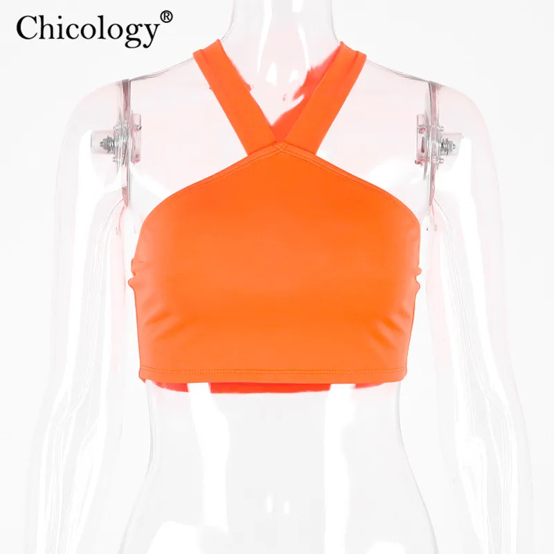 Chicology halter solid harajuku crop tank top 2019 summer women sleeveless streetwear sexy club festival female short clothes Женская