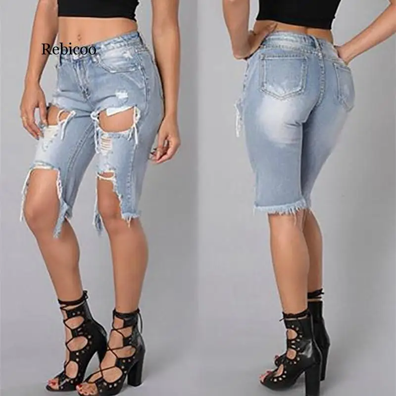 

Повседневные рваные джинсы с высокой талией, женские сексуальные обтягивающие джинсовые брюки до колен с дырками, Стрейчевые шорты, джинсы-...