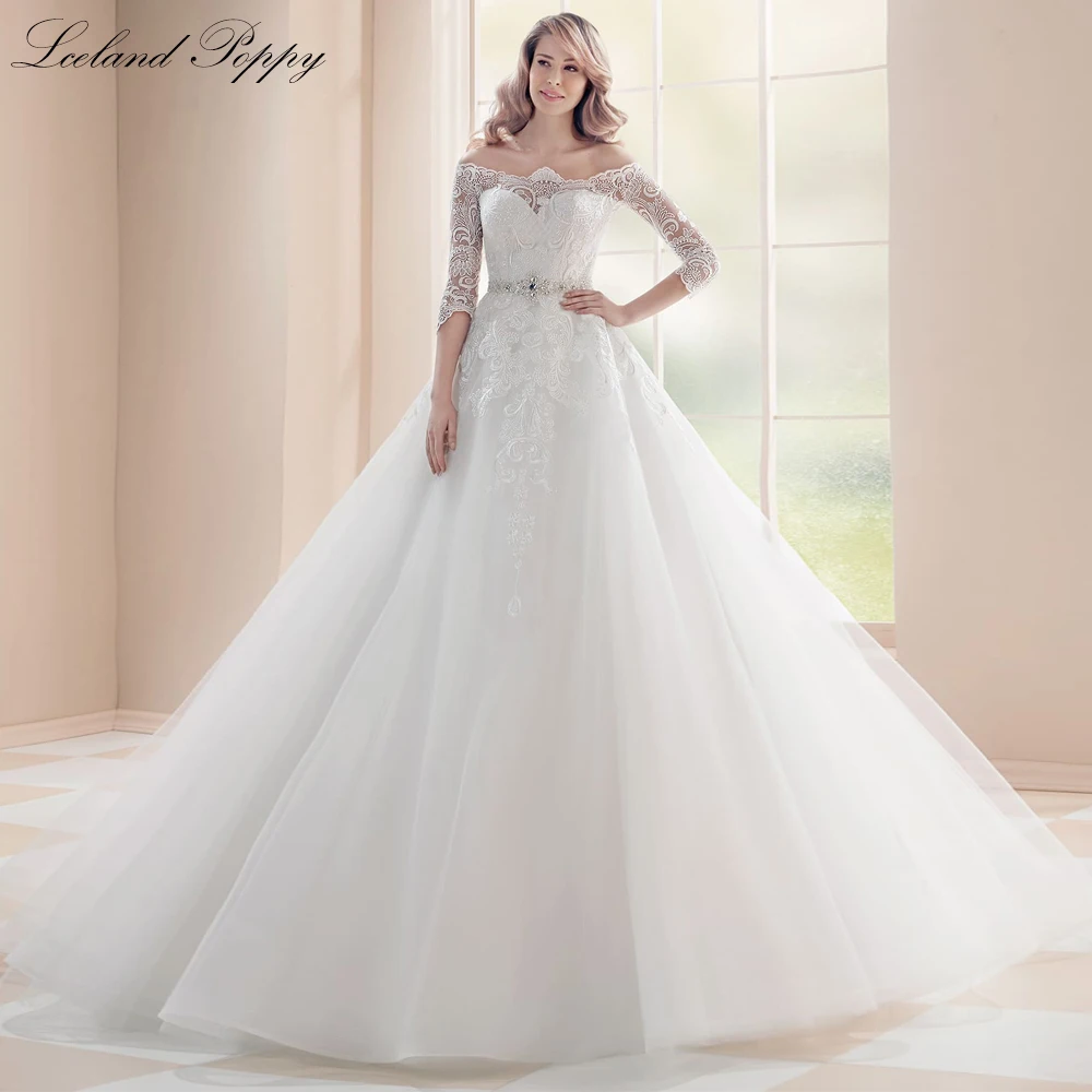 

Lceland Poppy A Line Boat Neck Tulle Wedding Dresses 3/4 Sleeves Beaded Bridal Gowns Vestido de Noiva with Court Train
