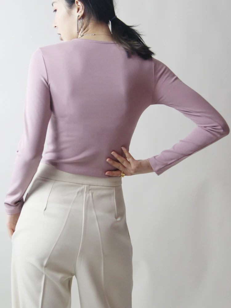 

Ribbed Basic Stretch Short Top Long Sleeve Cotton Spring Women Round Neck Crop Bodycon T-Shirt