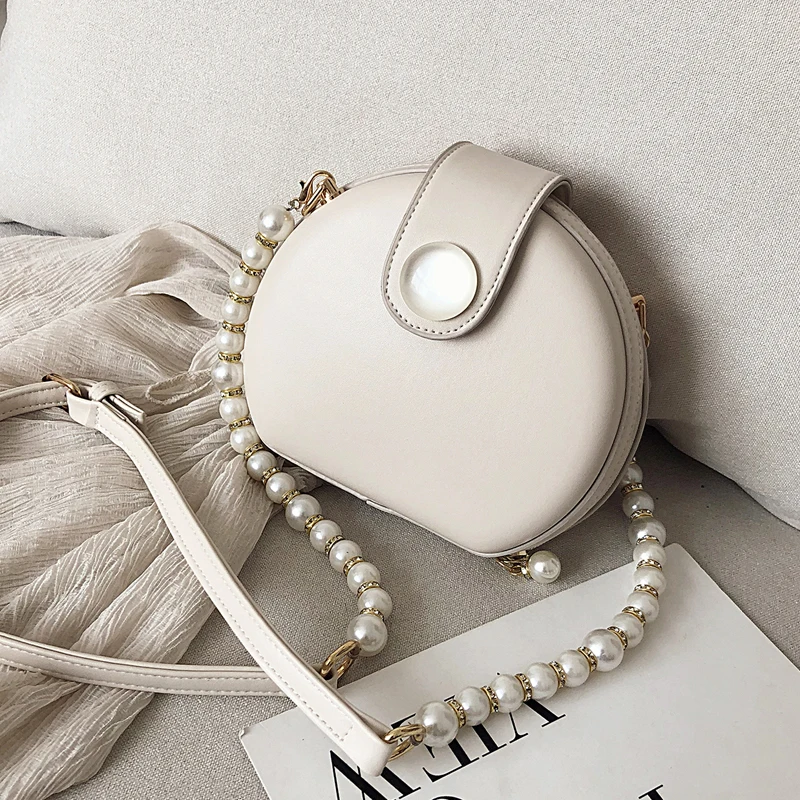 

Elegant Female Round Bag 2021 Summer New Quality PU Leather Women's Designer Handbag Pearl Chain Shoulder Messenger Bag Purses
