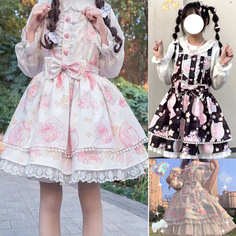

Милое японское платье Jsk Lolita, женское винтажное платье без рукавов в викторианском, готическом стиле, с бантом, кружевное платье принцессы д...