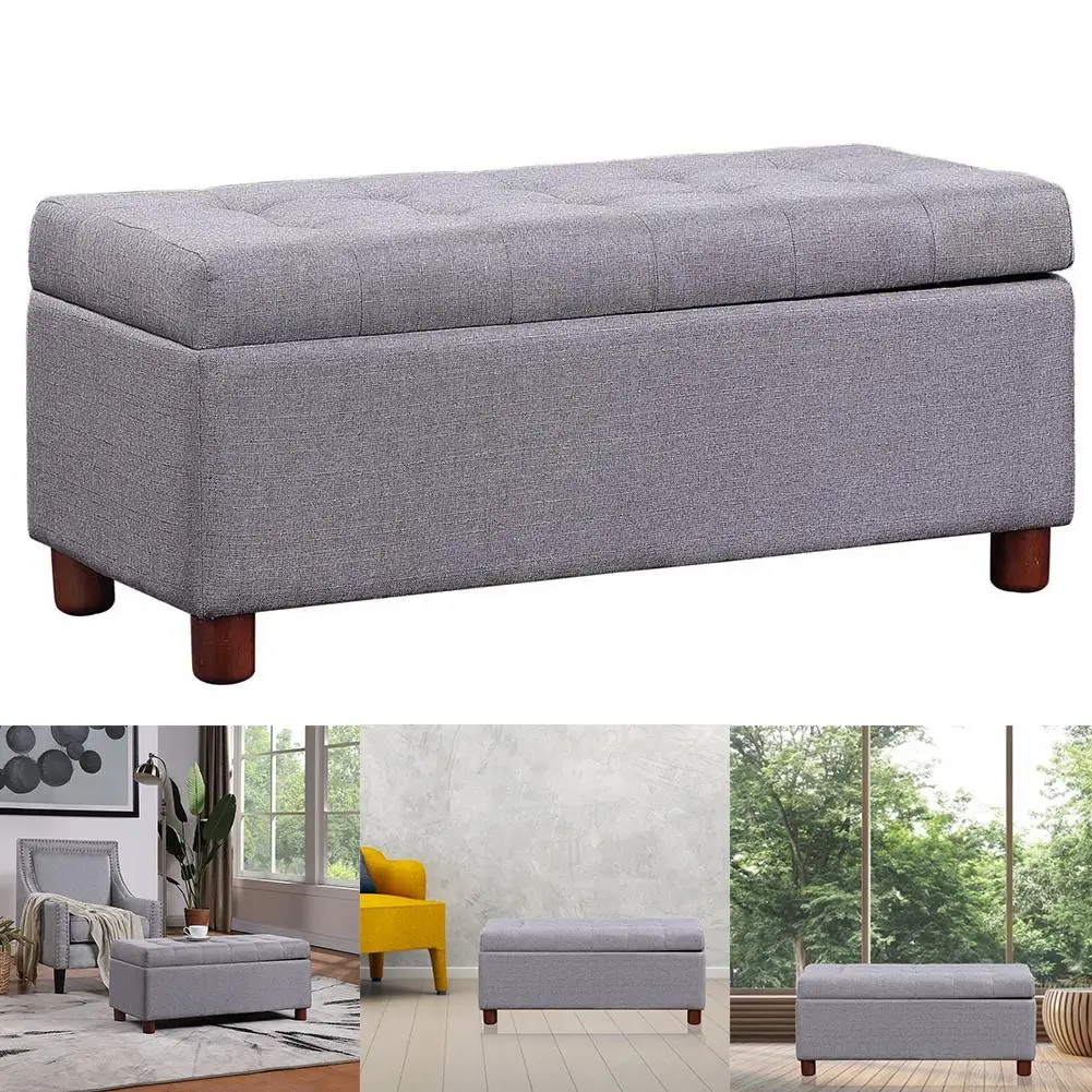

Tufted Linen Storage Stool Solid Wood Feet Indoot Furniture USA Warehouse Fast Shipping - Gray