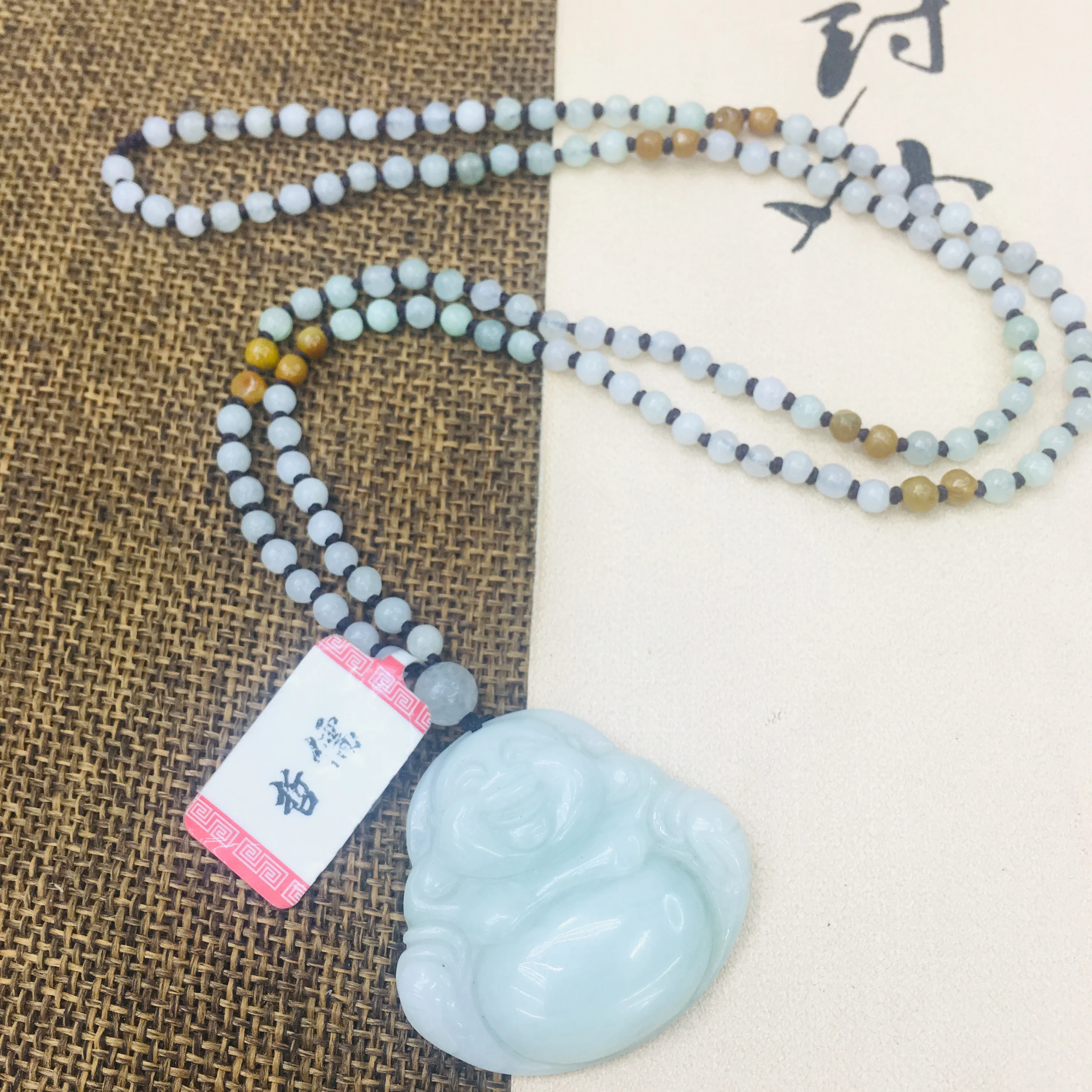

Natural Burmese Emerald Jade Carving Buddha Pendant Handmade Handmade Jade Tri-Color Bead Necklace Women's Sweater Chain