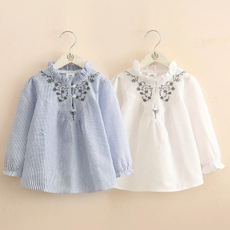 

2021 Spring Autumn 2 3 4-10 Years Cotton Mandarin Collar Long flare trumpet Sleeve Flower Print Kids Girls Stripe Blouses Shirts