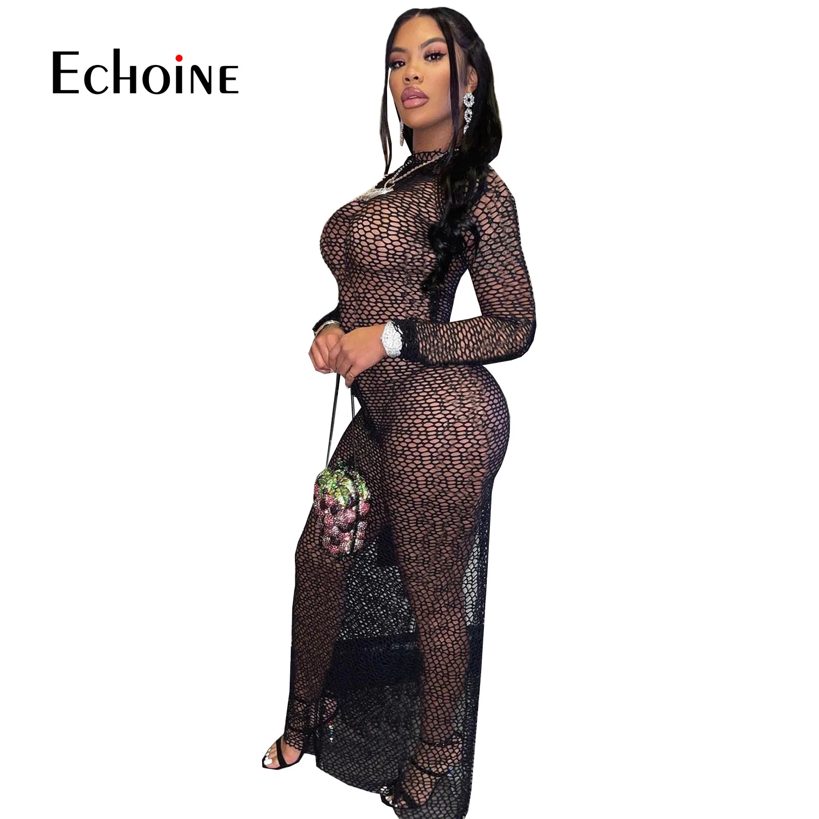 Соблазнительное черное Сетчатое Прозрачное платье-макси ecoine женское блестящее