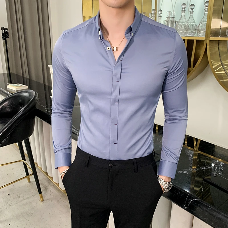 Мода 2019 Мужская рубашка высокого качества однотонная официальная одежда мужские