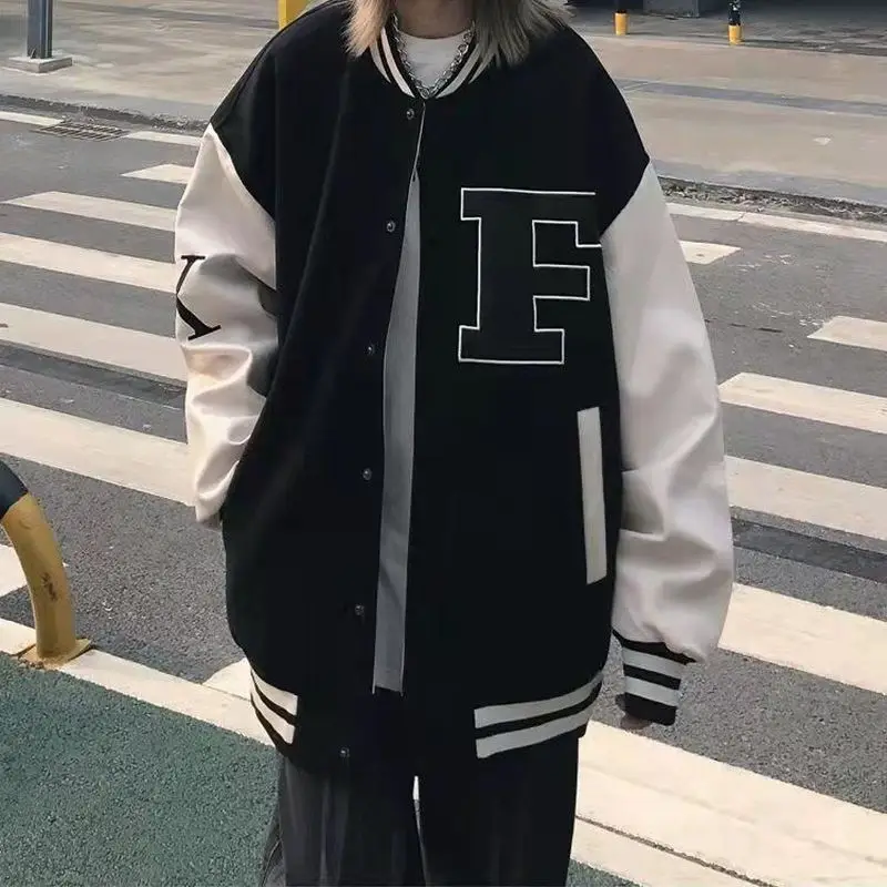 

American baseball jacket women patchwork printed jacket autumn new high street hip hop style vintage casual loose bomber jacket