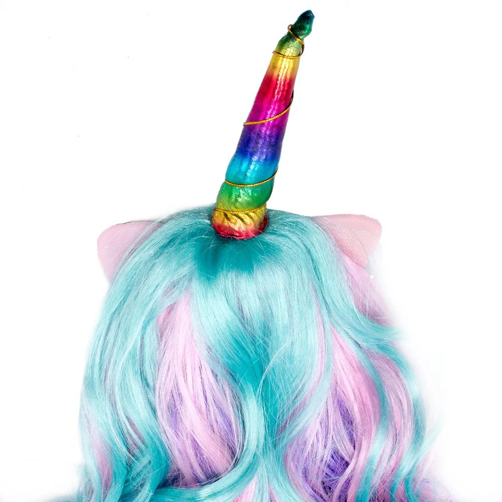 Красочный Единорог длинный кудрявый Custume Косплей искусственные волосы