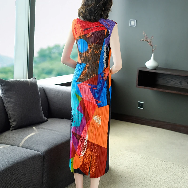 

COIGARSAM 3XL Plus Size Vintage Print Women Long dress Summer Short Sleeve Pleated O-Neck Dresses Orange Fluorescent Green 9276