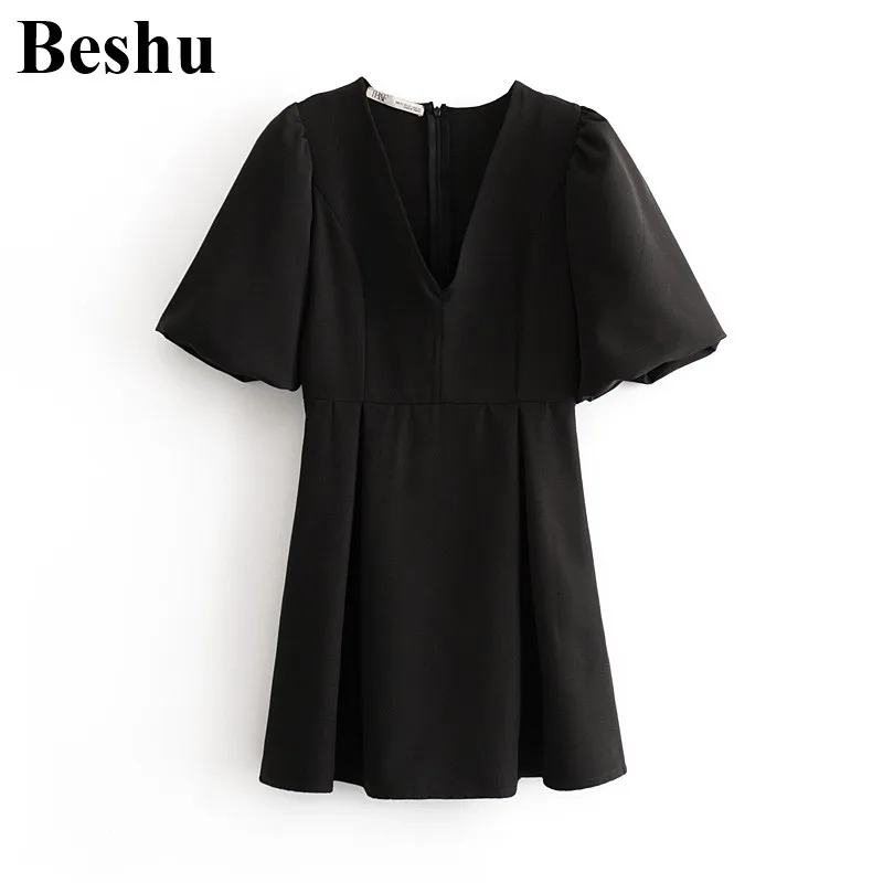 Za 2019 модные женские мини платья черного цвета из полиэстера с v-образным вырезом