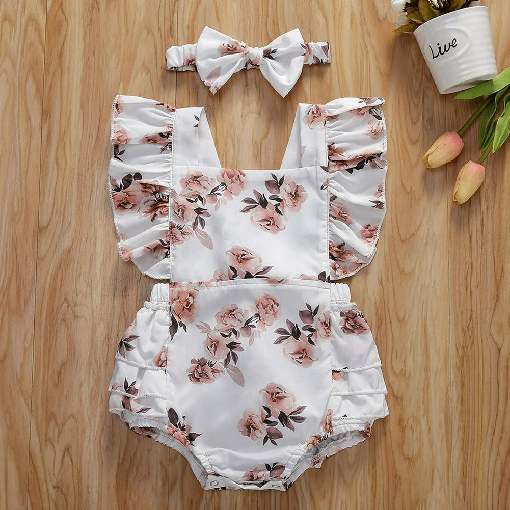 

Girl Fashion Summer Baby Romper Set Outfit Sleeveless Gift Daily Wear Floral Print Ruched Newborns Infant Bodysuit With Headband