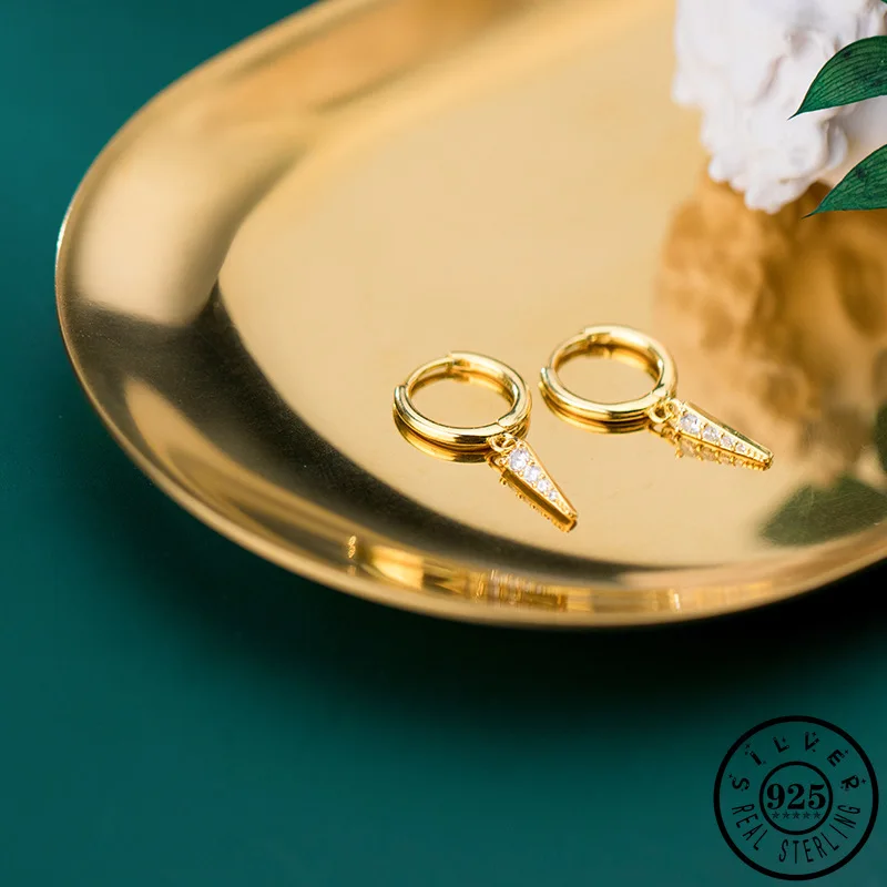 925 Sterling Silver Small Triangle Rose Gold Color Plated Hoops Piercing Cubic Zircon Earrings Ear Rings Fine Jewelry for Women | Украшения