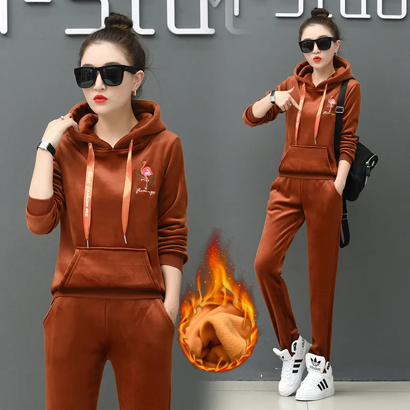

Two Piece Set Women Winter Tracksuit Velvet Fleece Hooded Sweatshirt Top And Pants Suit Female Velour Outfits Chandal Mujer Ropa