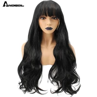 anogol high temperature fiber hair fringe natural 1b black long body wave synthetic lace front wig for white women with bangs