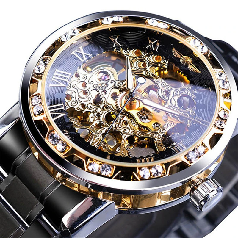

New Style Watch For Men's Fashion Hollow Rhinestone Manual Mechanical Watches Casual Classic Popular Men Watch Relogio Masculino
