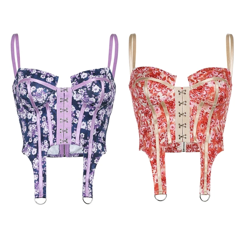 

Women Sexy Spaghetti Strap Corset Tank Top Hook Eye Front Vintage Floral Print Camisole Zipper Slim Crop Top Bustier