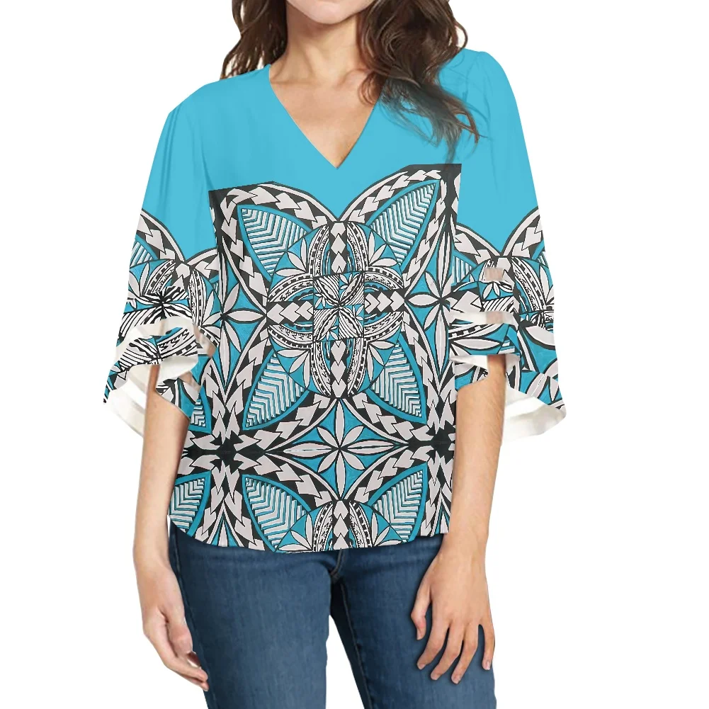 

Vacation Summer All-Match Customized Pattern Women's Casual Blouse Lady's Top Chiffon V-Neck Half Ladies Clothes