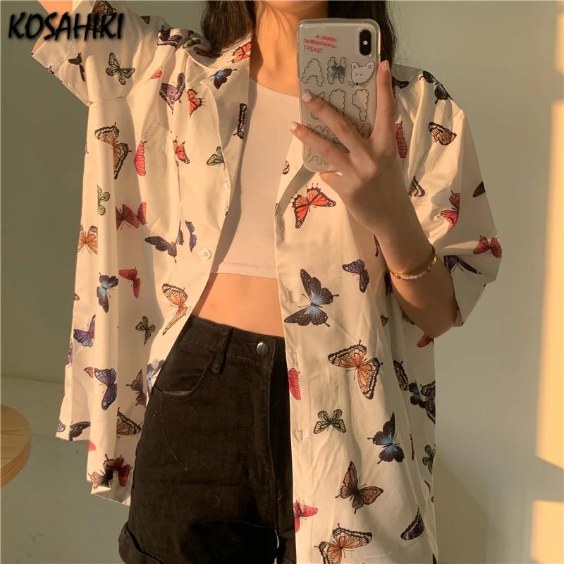 

KOSAHIKI Women Blouse Summer 2021 Korean Vintage Butterfly Print Short Sleeve Shirt Loose Harajuku Streetwear Fashion Y2k Tops