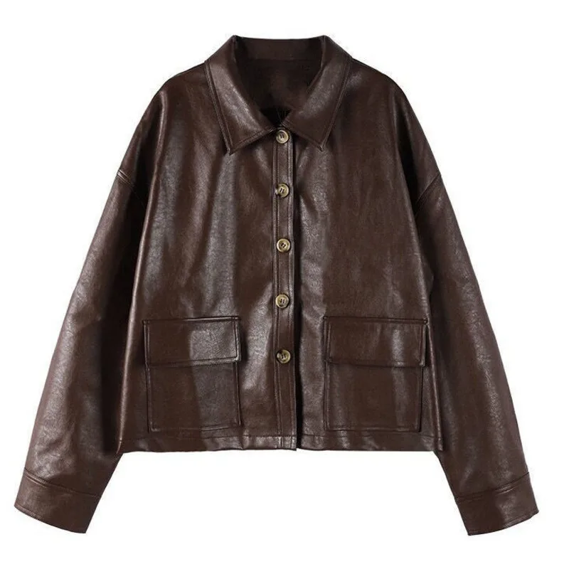 

Женская кожаная куртка, черная куртка из 2021 искусственной кожи, байкерская куртка на пуговицах с длинным рукавом, весна-осень, размера плюс