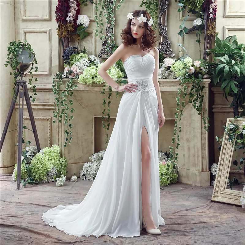 H & S-vestidos de novia de gasa con abertura, vestidos de novia con velo plisado sin tirantes, vestido de novia de perlas, vestido bohemio 2019