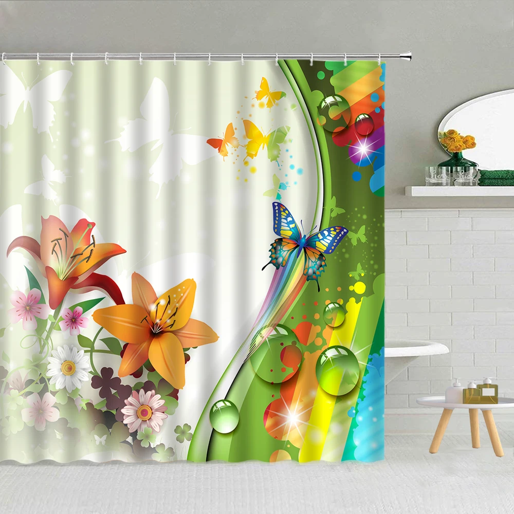 

Blue Butterfly Starlight Shower Curtain Flapping Its Wings Spring Flower Animal Scenery Creative Bathroom Home Decor Curtains