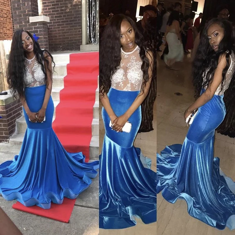 

Женское бархатное платье-русалка, длинное вечернее платье без рукавов, с круглым вырезом и кружевной аппликацией, бальное платье для выпуск...