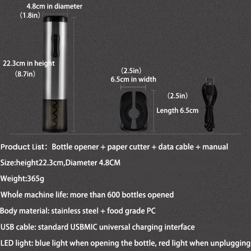 

Cordial Shining Automatic Wine Bottle Corkscrew Electric USB With Foil Cutter Stainless Steel Charging Wine Opener set