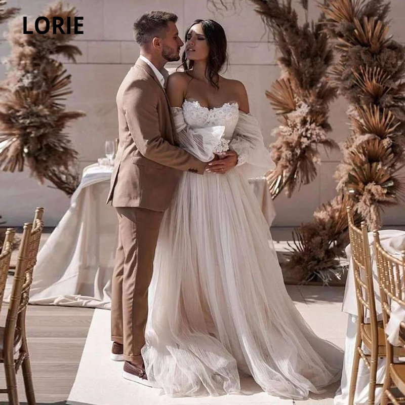 

LORIE Boho Wedding Dresses Puff Sleeve Appliques Lace off Shoulder Tulle Pleats A-Line Beach Bride Gown 2021 vestidos de novia