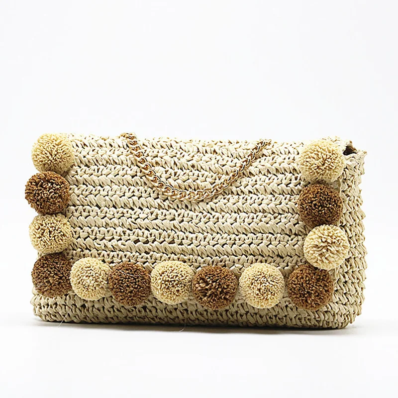 

New Style Fur Ball Decorated Women's Shoulder Bags Fashion Chain Female Crossbody Bag High Quality Summer Straw Beach Bag Purse