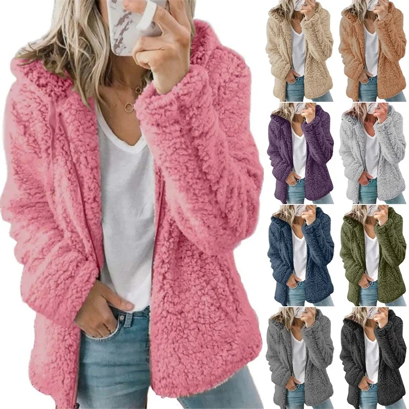 

Women's Coat Winter Faux Fur Plush Warm Jacket Coat with Hood Winter Outwear Solid Women Clothing Loose Coat Long Sleeve Jacket