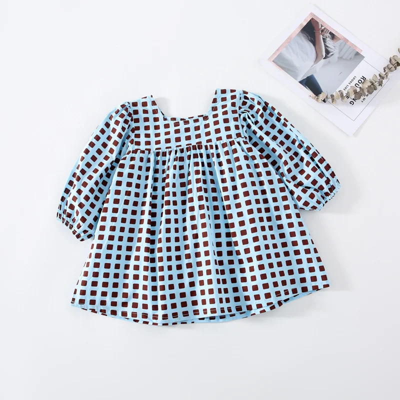 

2021 Spring Summer Little Princess Loose Plaid Dresses Girls Cotton Casual Dress Square Collar Clothes