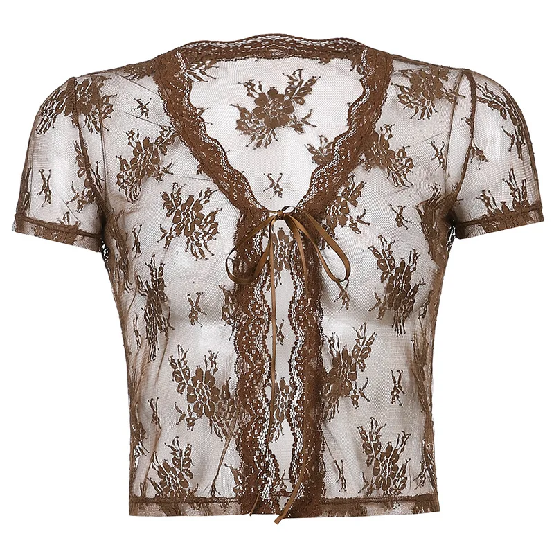

Top Women Brown Vintage Lace Crop Top Short Sleeve See Through Sexy Mesh Woman Tshirts V Neck Lace Up Floral Kawaii Clothes