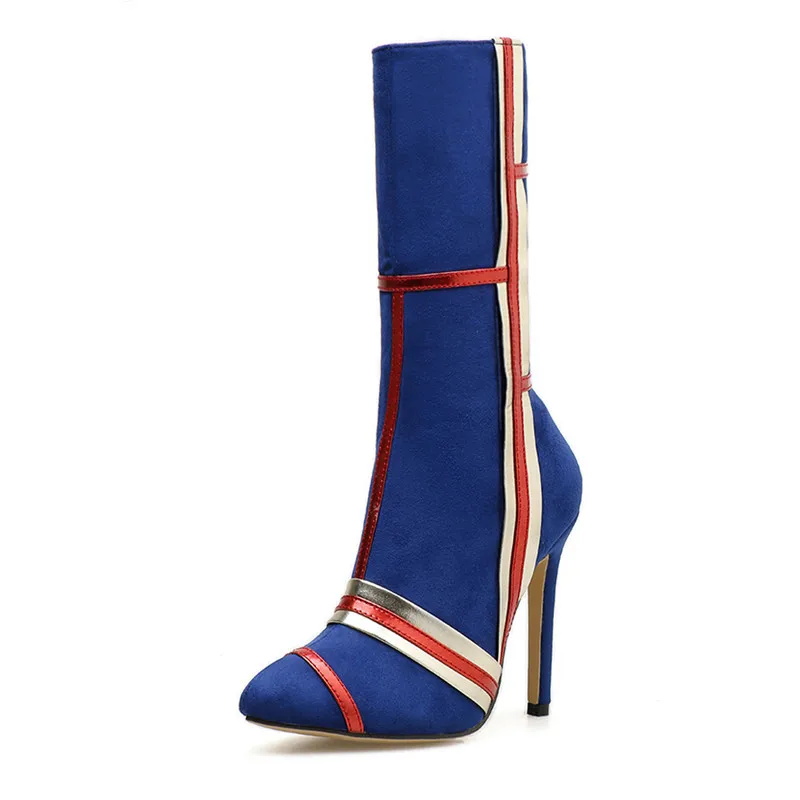 

Autumn And Winter Models Suede Pointed Toe Stiletto High Heel Women Mid-High Boots French Fashion Zipper Black Blue Ladies Boots