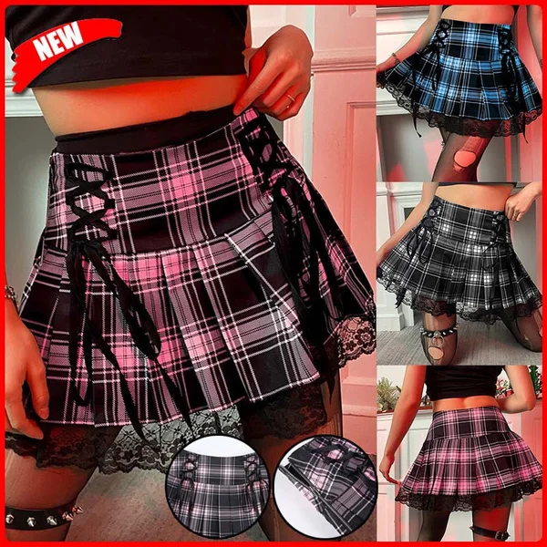 New Women's Summer Fashion Goth Stripe Plaid Lace Trim Pleated Skirt Dark Punk Lace Up Skirt