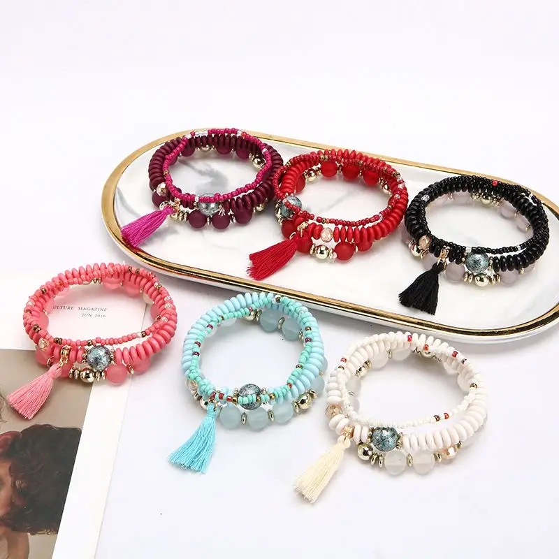 

Vintage Beads Tassel Multi-layer Bracelet for Women Bohemian Elastic Beaded Bracelet Set Jewelry Gifts
