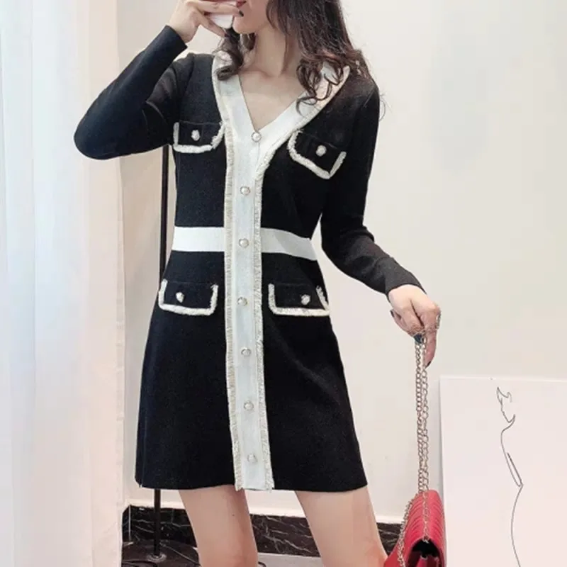 Женское трикотажное платье-свитер Элегантное черно-белое винтажное платье с