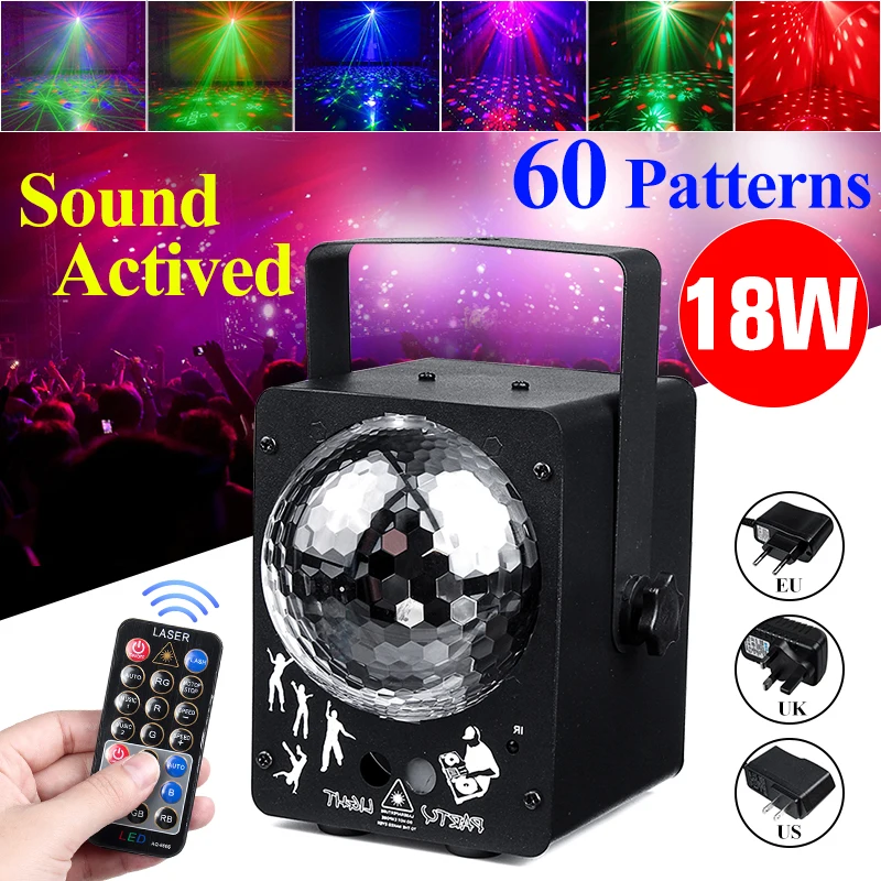 60 шаблон Активированный звук диско шар вечерние светильник s стробоскоп 18 Вт RGB