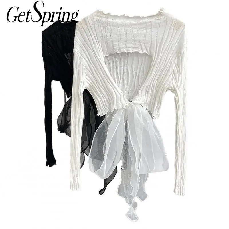 

Getspring Women T Shirt Asymmetrical Hollow Out Mesh Patchwork Short T Shirt Women Black White Long Sleeve Tshirt Women 2021 New