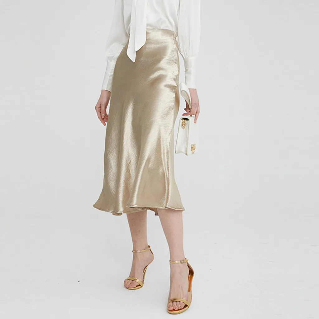 Женская атласная юбка с завышенной талией на молнии | одежда