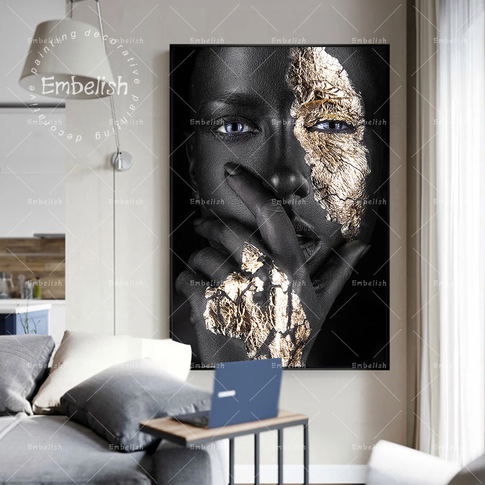 

1 Pieces Black And Golden African Woman Cuadros Wall Posters For Living Room Golden Hands Posters Home Decor HD Canvas Paintings