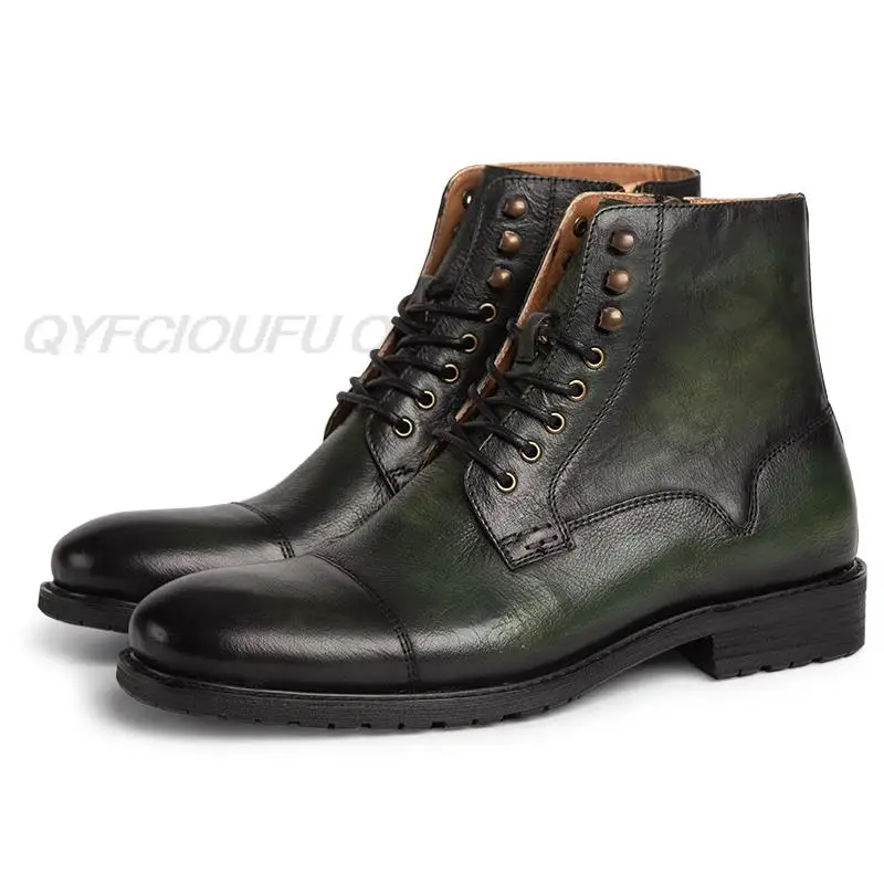 

Men Ankle Boots Genuine Cow Leather Coffee Color Green Martins Boots Shoes Flat Men's Lace Up Fashion Vintage Chelsea Boots