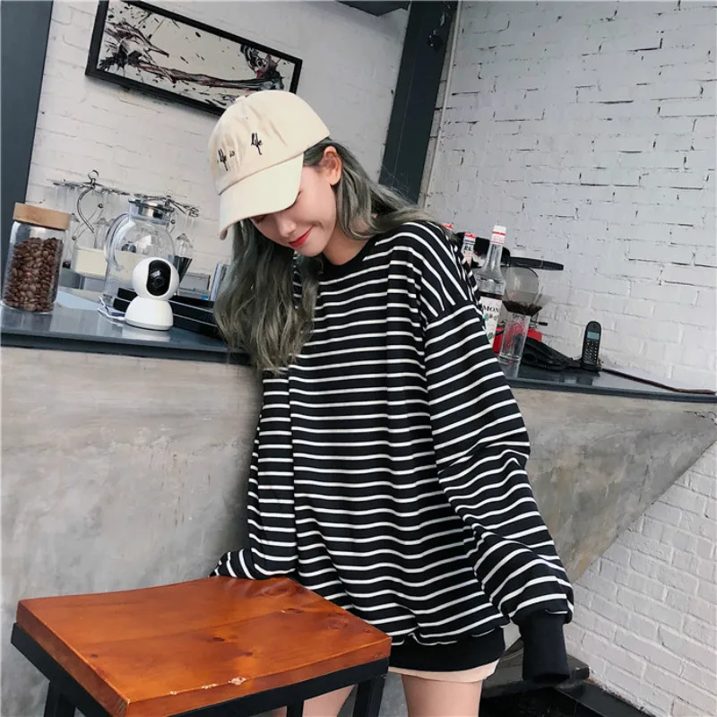

Hoodies Women Oversize Striped All-match Black Spring Autumn Pullover Womens Korean Style Casual Hoodie Hip Hop Sweatshirts New